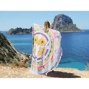 Barevný kulatý plážový bavlněný ručník / osuška s třásněmi Cow Skull - Ø180 cm Mycha Ibiza new