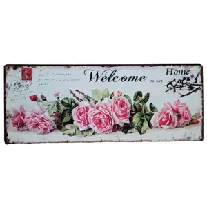 Béžová antik nástěnná kovová cedule s růžemi Welcome Home - 50*20 cm Ostatní