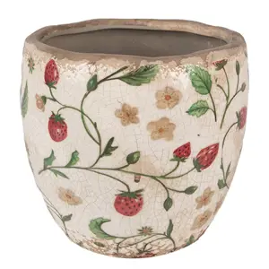 Béžový keramický obal na květináč s jahůdkami Wild Strawberries M - Ø 14*14 cm Clayre & Eef