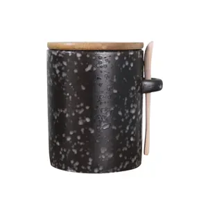 Černá porcelánová dóza s dřevěným víčkem a lžičkou - Ø 9*11,5*12 cm Chic Antique