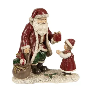 Produkt Červená vánoční dekorace socha Santa s děvčátkem - 14*9*14 cm Clayre & Eef