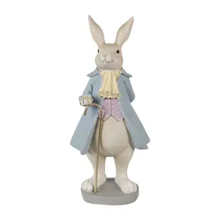 Dekorace králíček v modrém kabátě se zlatou hůlkou - 12*9*26 cm Clayre & Eef