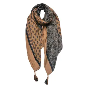 Hnědo-černý dámský šátek se vzorem a střapci- 90*180 cm Clayre & Eef