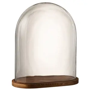 Hnědý dřevěný oválný podnos se skleněným poklopem Bell Jar - 43*23*51cm J-Line by Jolipa