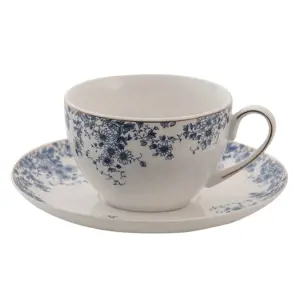 Porcelánový šálek s podšálkem s modrými květy Blue Flowers - 12*9*5 cm / Ø 15*2 cm / 200ml Clayre & Eef