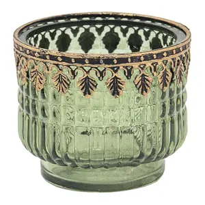 Produkt Zelený skleněný svícen na čajovou svíčku s kovovým lemem - Ø 9*8 cm Clayre & Eef