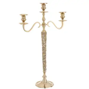 Zlatý kovový svícen na 3 svíčky se zdobením a kamínky Luxy - 40*16*65cm J-Line by Jolipa