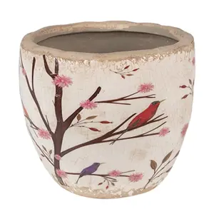 Produkt Béžový keramický obal na květináč s květy a ptáčky Birdie S - Ø 13*11 cm Clayre & Eef