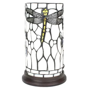 Bílá válcovitá stolní lampa Tiffany s vážkou DragonFly - Ø 15*26 cm E14/max 1*40W Clayre & Eef