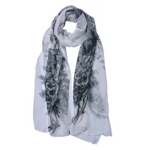 Produkt Bílý dámský šátek/ šál se šedými květy - 50*160 cm Clayre & Eef