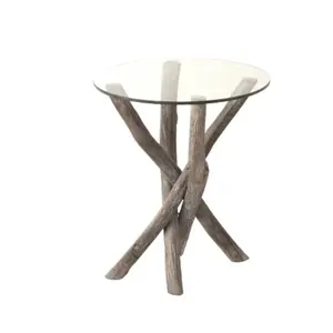 Odkládací kulatý dřevěný stůl se skleněnou deskou Branchy - Ø50*59 cm J-Line by Jolipa