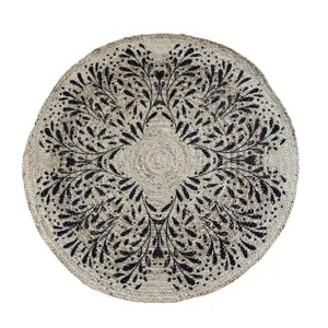Přírodní kulatý jutový koberec s černými listy Gillia - Ø110 cm Chic Antique