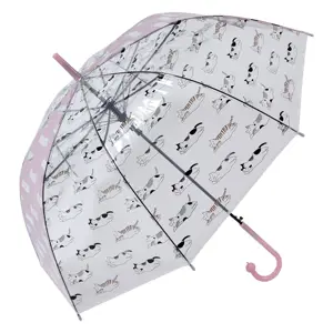 Průhledný deštník pro dospělé s bílými kočičkami a růžovým pruhem - 60 cm Clayre & Eef