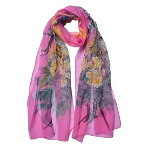 Produkt Růžový dámský šátek/ šál s barevnými květy - 50*160 cm Clayre & Eef