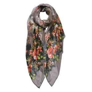 Šedo-černý dámský šátek s květy - 90*180 cm Clayre & Eef