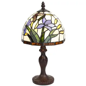 Stolní lampa Tiffany s kosatci a motýlkem Fly - Ø 20*36 cm E14/max 1*25W Clayre & Eef